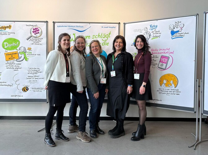 Zu sehen sind fünf Frauen des Instituts für Diversitätsmedizin vor einer Reihe von vier Pinnwänden. Die Personen lächeln freundlich. Ort des Bildes ist der Deutsche Krebskongress 2026.